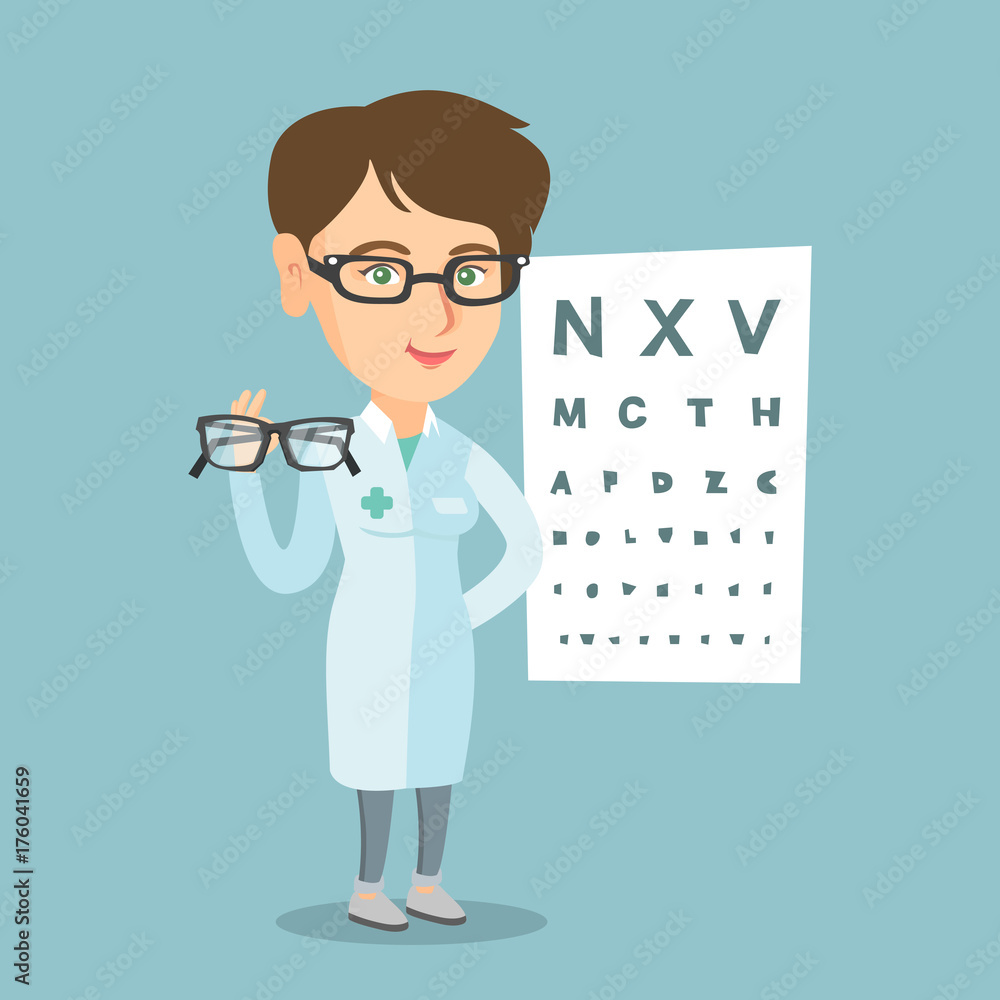Young caucasian ophthalmologist doctor giving glasses. Ophthalmologist holding eyeglasses on the background of eye chart. Ophthalmologist offering glasses. Vector cartoon illustration. Square layout. Young caucasian ophthalmologist doctor giving glasses. Ophthalmologist holding eyeglasses on the background of eye chart. Ophthalmologist offering glasses. Vector cartoon illustration. Square layout.