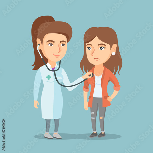 Young caucasian doctor listening to the chest of a patient with a stethoscope. Patient visiting a doctor. Doctor examining chest of a female patient. Vector cartoon illustration. Square layout.