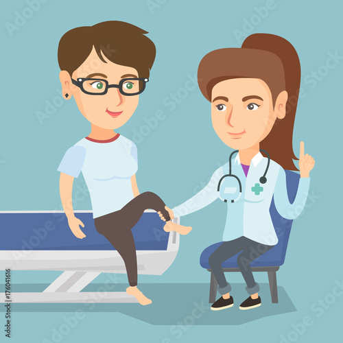 Caucasian gym doctor checking the ankle of a patient. Physio therapist examining the leg of sportswoman. Physio therapist giving a leg massage to a patient. Vector cartoon illustration. Square layout.