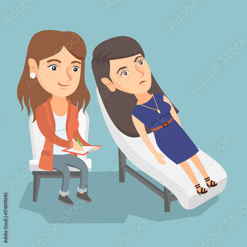 Young caucasian patient lying on the sofa and talking about problems with psychotherapist or psychologist. Psychologist having session with a patient. Vector cartoon illustration. Square layout.