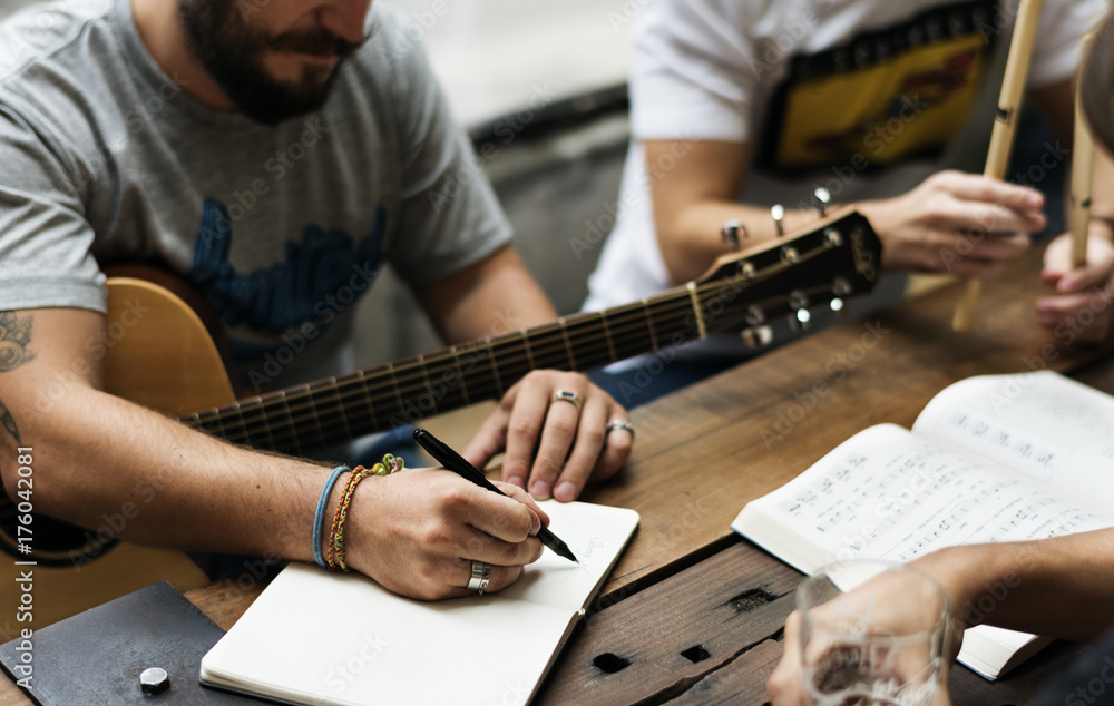 Obraz premium Men Play Guitar Write Song Music Reheaesal