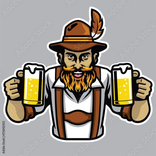 bearded bavarian man holding a couple of beer pint glass