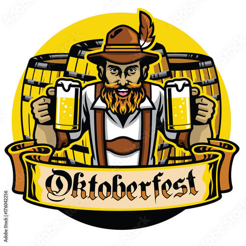 bearded bavarian man with beer barrel for oktoberfest photo