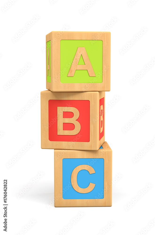 3d rendering of three wooden toy cubes with ABC lettering isolated on white background. 3d rendering of three wooden toy cubes with ABC lettering isolated on white background.