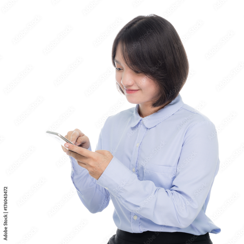 Portrait of a young business woman looking on smart phone. Isolated on white background Portrait of a young business woman looking on smart phone. Isolated on white background