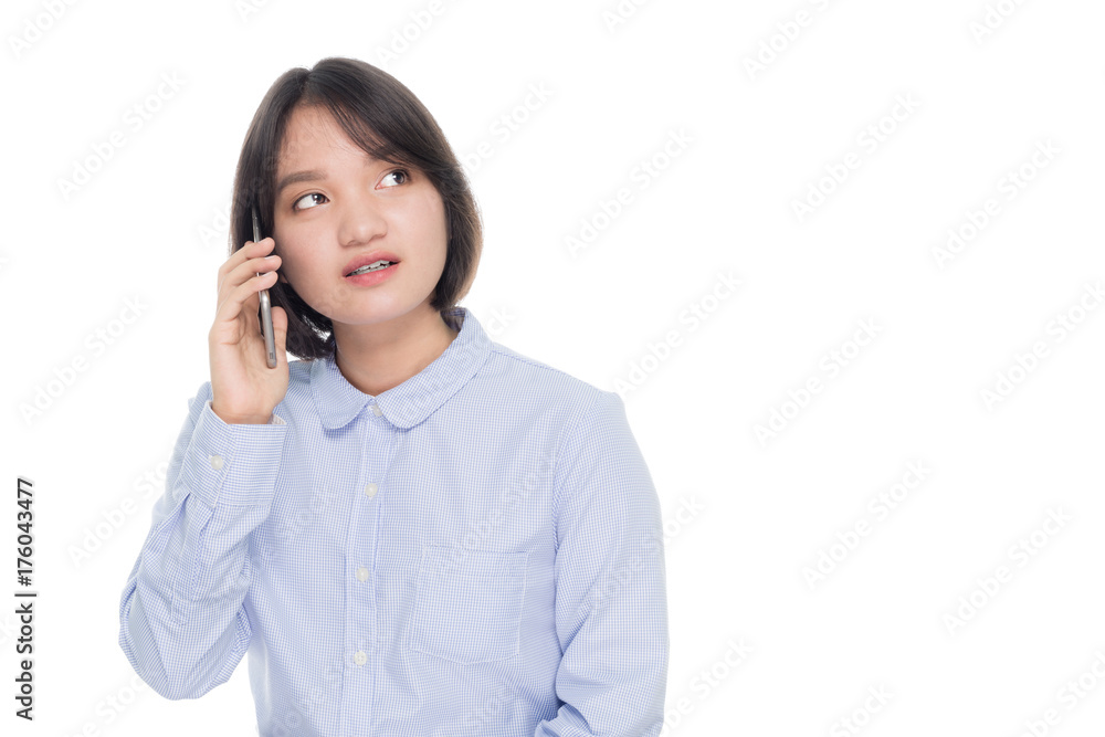 Portrait of a beautiful asian business woman with smart phone. Isolated on white background Portrait of a beautiful asian business woman with smart phone. Isolated on white background