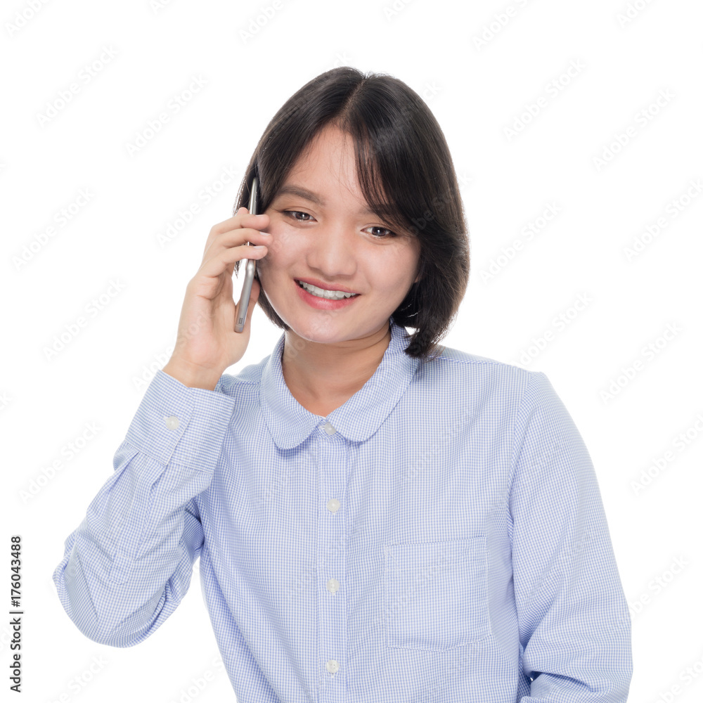 Portrait of a beautiful asian business woman with smart phone. Isolated on white background Portrait of a beautiful asian business woman with smart phone. Isolated on white background