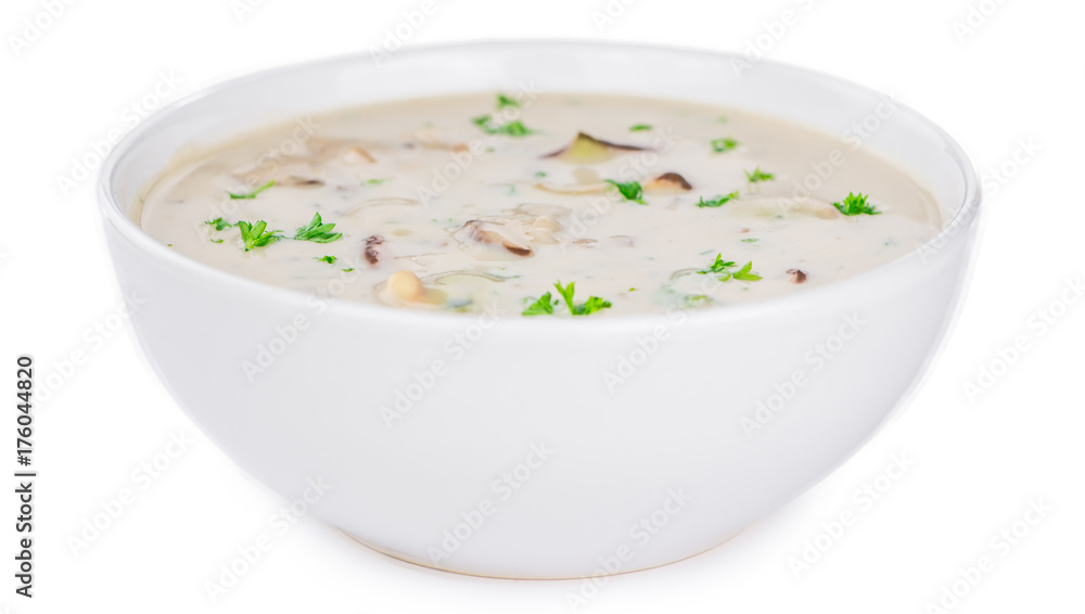 Portion of Porcini Soup isolated on white