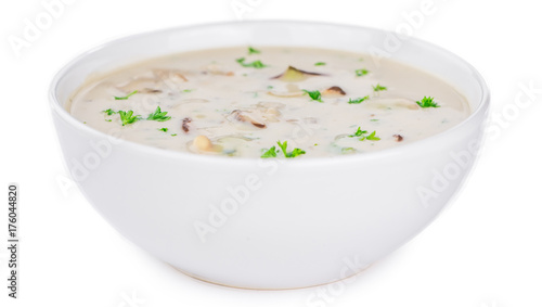 Portion of Porcini Soup isolated on white