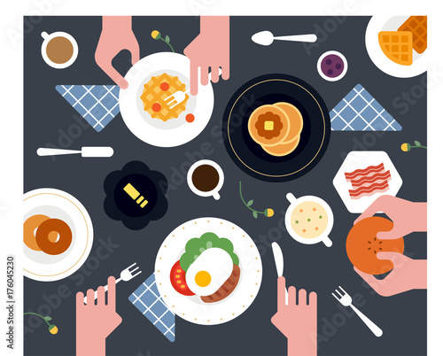 top view food table and hand vector flat design illustration set 