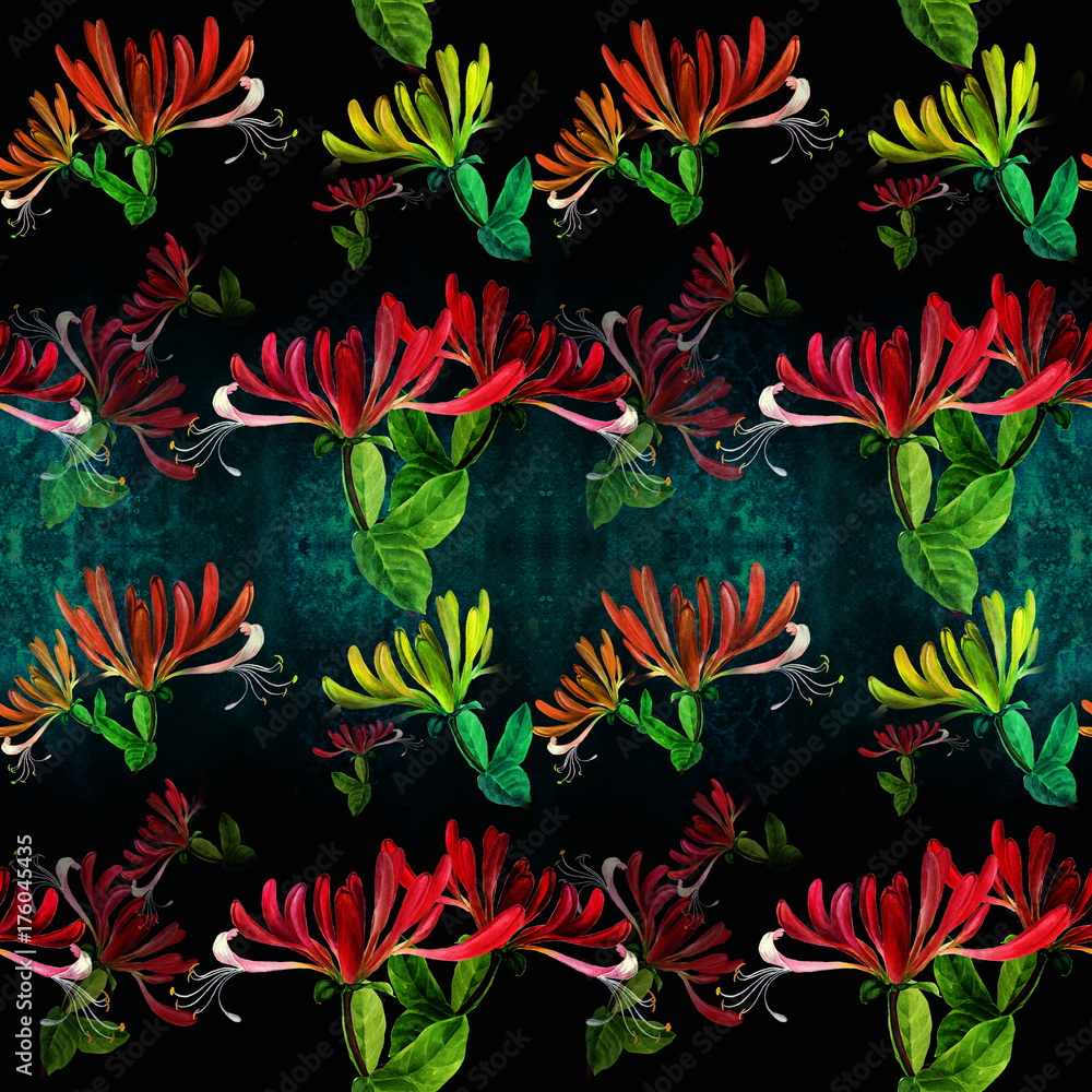 Obraz premium Honeysuckle. Seamless pattern. Flowers and leaves. Decorative composition on a watercolor background. Floral motifs. Seamless pattern. Use printed materials, signs, items, websites, maps, posters.