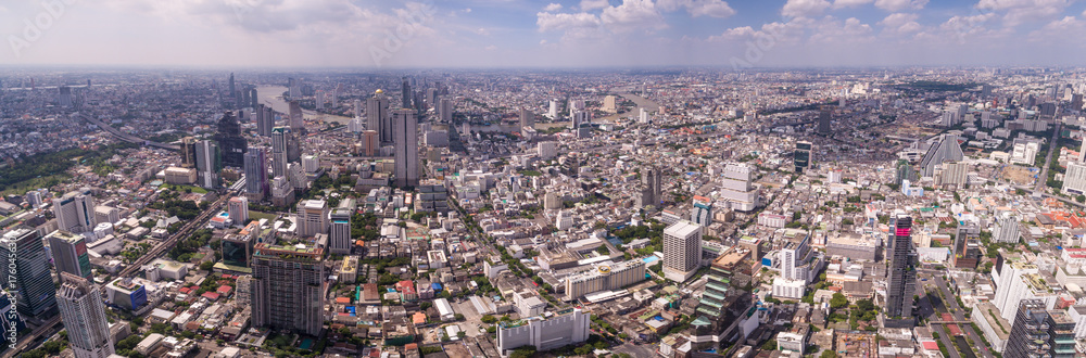 Fototapeta premium High Aerial Panorama Over Silom And Sathorn Districts In Bangkok, Thailand