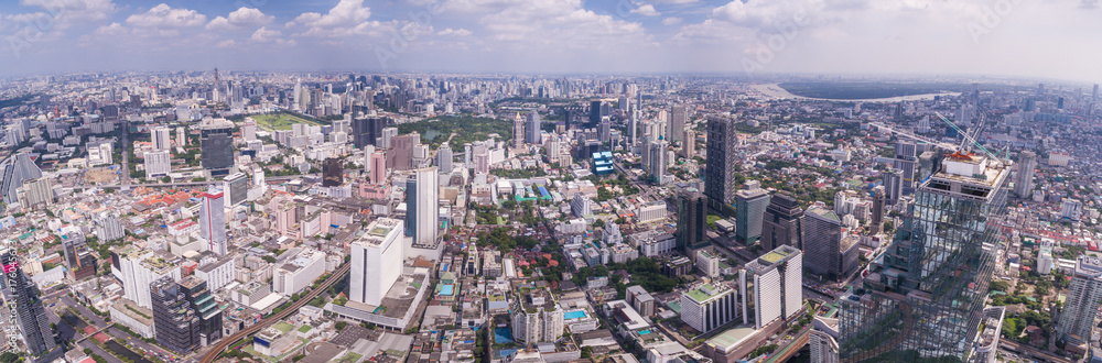 Naklejka premium Aerial Panoramic Cityscape Shot Of Central Bangkok, Thailand
