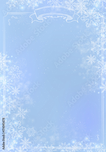 Blue gradient winter paper background with snowflake border
