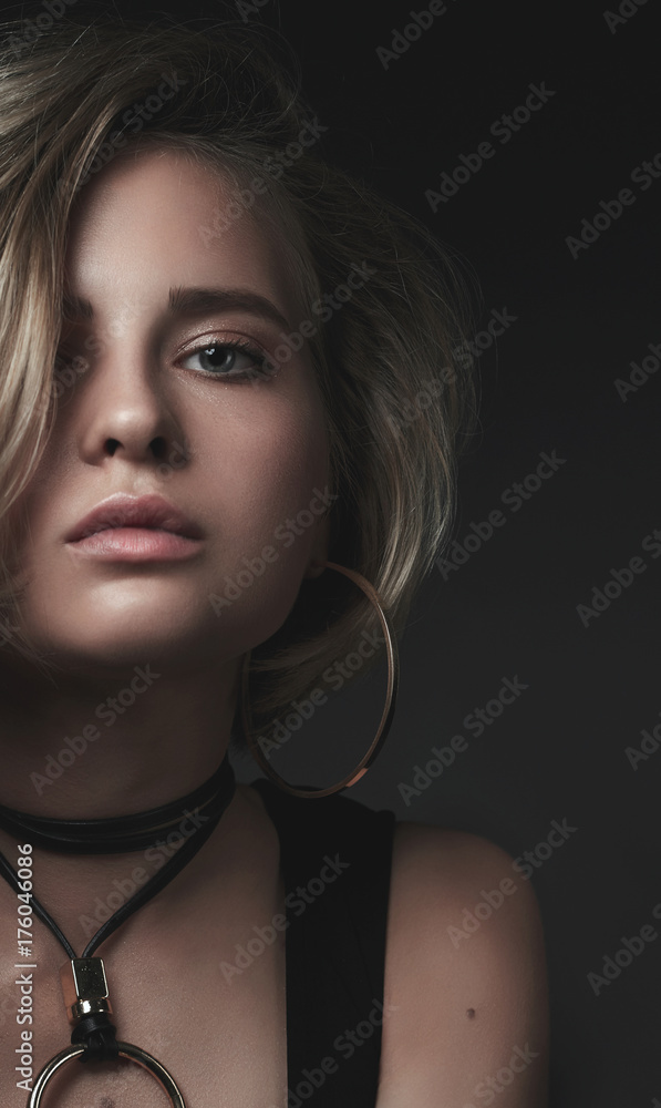 Beautiful blonde model with short hair perfect skin and glow make up Beautiful blonde model with short hair perfect skin and glow make up