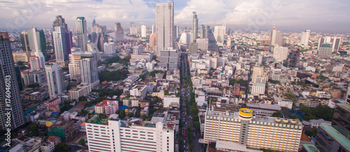 High-Rise Buildings On Silom Road In Central Bangkok, Thailand, Aerial Panorama