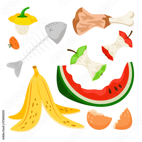 Organic waste, food compost rubbish isolated on white background. Banana and watermelon rind, fish bone and apple stump