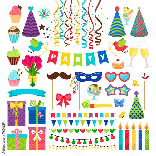 Birthday party design elements. Birthday celebration invitation decorations isolated on white