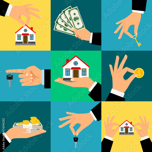 Buy House Hands vector illustration. Hand holds home or house key and money