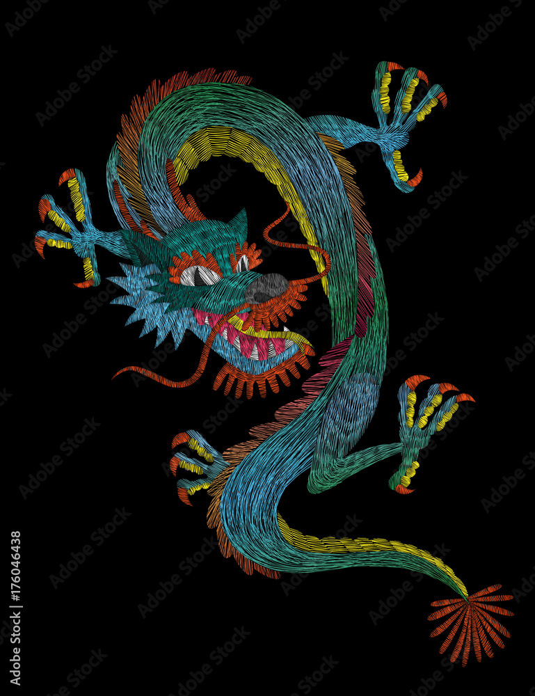 Obraz premium Eastern Chinese dragon and roses. Traditional stylish floral embroidery stitch on a black background. Sketch for printing on fabric, clothing, bag, accessories and design. Vector, trend