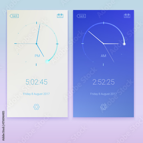 Clock application, concept of UI design, day and night variants. Digital app, user interface kit, UI elements. Mobile clock interface, 3D illustration