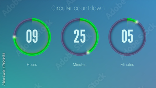 Design of countdown timer for coming soon or under construction action. UI elements. Part of the User interface, circular counter. Template of digital clock, 3D illustration.