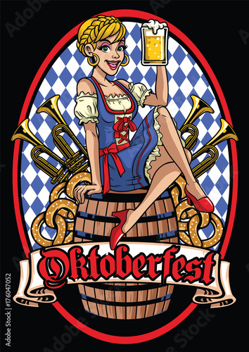 happy girl of oktoberfest sitting on the beer barrel