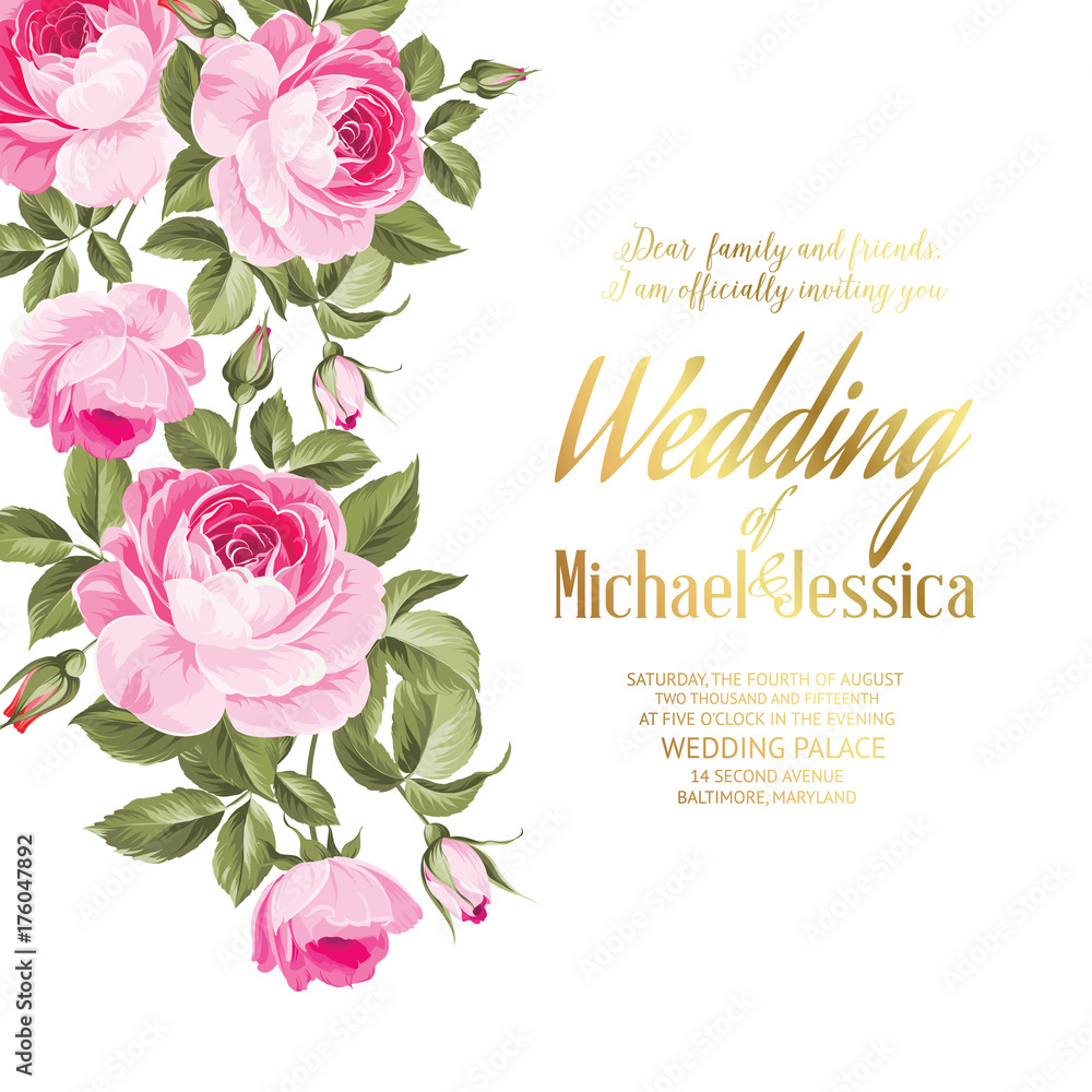Flower garland for invitation card. Invitation card template with blooming flowers and custom text isolated over white. Pink flowers on the white background. Vector illustration.