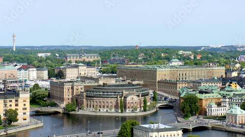 Aerial view of parliament building (Riksdag) and royal palace from the town hall, sunny day, Stockholm, Sweden