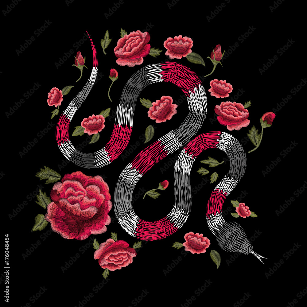 snake and red roses. Traditional stylish floral embroidery stitch on a ...