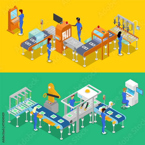 Isometric 3D production line concept set. Industrial goods production, mechanical conveyor with workers, manufacturing process. Factory equipment, smart robotic assembly line vector illustration.