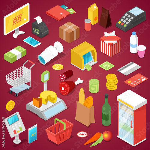Supermarket shopping isometric 3D set. Food and drinks, money, credit card and payment terminal, shopping basket and trolley cart, cashbox and scales, market refrigerator vector illustrations.
