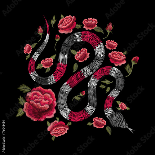 snake and red roses. Traditional stylish floral embroidery stitch on a black background. Sketch for printing on fabric, clothing, bag, accessories and design. Vector, trend