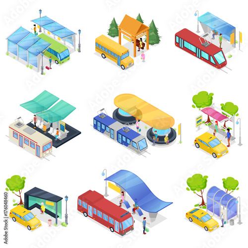 Isometric 3D set city public transport. Modern town waiting stations of bus, taxi car, tram and subway. Urban and countryside traffic concepts with transport stops and vehicles vector illustration.