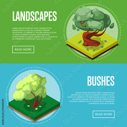 Bushes and trees for park design isometric posters. Public parkland zone landscape, outdoor summer natural recreation vector illustration. Decorative plants with green grass 3d elements.