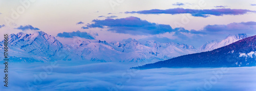 Canvas Print Scenic panorama sunset landscape of Crans-Montana range in Swiss Alps mountains with peak in background, Crans Montana, Switzerland
