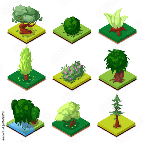 Public park decorative trees isometric 3D set. Oak, pine, fir, bush, willow, beech, poplar, green grass, vector illustrations. Nature elements collection for summer park landscape design.