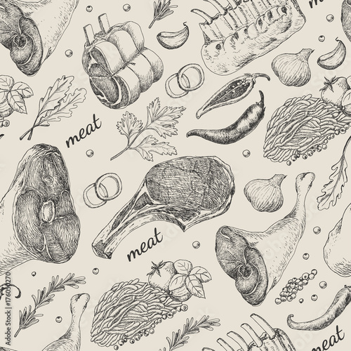 Seamless pattern with different meat products