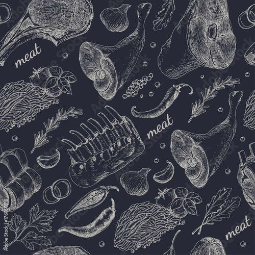 Seamless pattern with different meat products