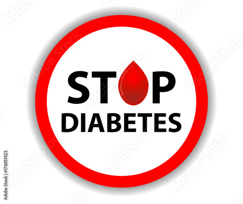 Round sign Stop Diabetes with a drop of blood isolated on a white background. Medical hexagonal symbol. Vector