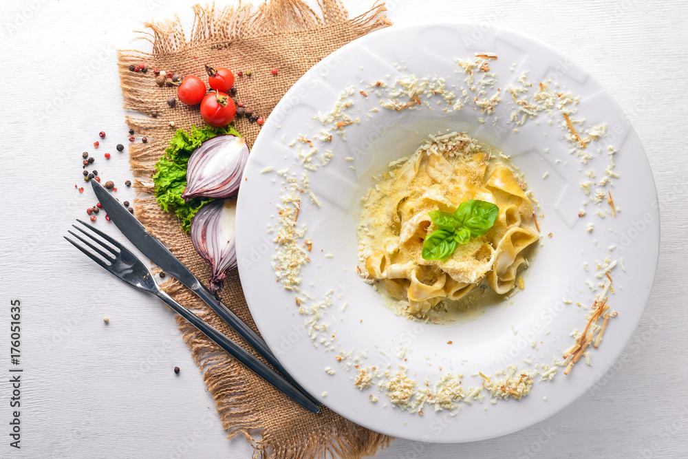 Pasta with cheese on a plate with the word Pasta with cheese on a plate with the word