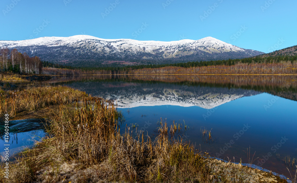 Panorama of a mountain lake against a background of snowy peaks