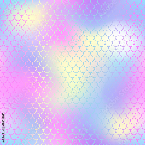 Spotted fish scale pattern with color mesh background. Mermaid vector seamless pattern.