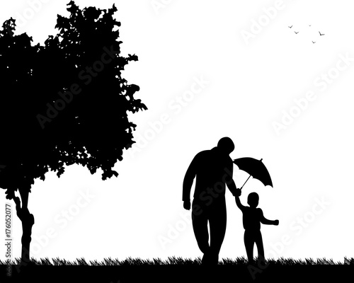 Father walking with his child in park with umbrella  one in the series of similar images silhouette