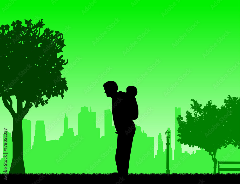 Father carrying a child piggyback on the street, one in the series of similar images silhouette Father carrying a child piggyback on the street, one in the series of similar images silhouette