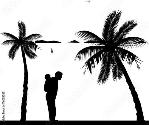 Father carrying a child piggyback on the beach, one in the series of similar images silhouette