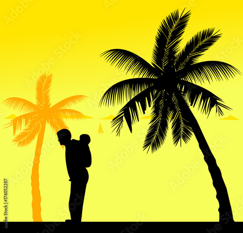 Father carrying a child piggyback on the beach, one in the series of similar images silhouette