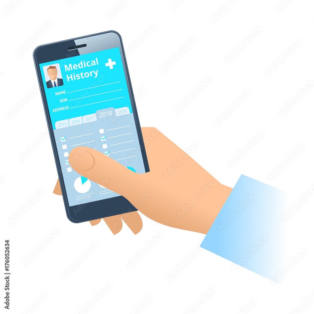 Human hand holds smart phone with patient health medical history. Modern medicine, medical exam and diagnosis flat concept illustration. Vector design elements isolated on white background. Human hand holds smart phone with patient health medical history. Modern medicine, medical exam and diagnosis flat concept illustration. Vector design elements isolated on white background.