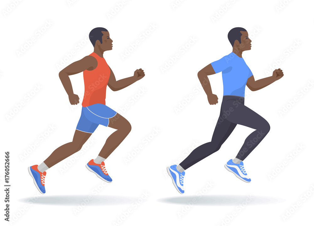 The running afroamerican man set. Side view of active sporty running young men in a sportswear. Sport, jogging, fitness, workout, active people, concept. Flat vector illustration isolated on white.