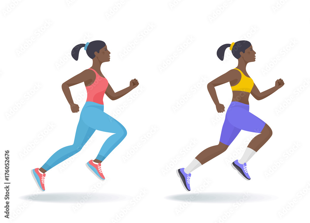 The running afroamerican woman set. Side view of active sporty running young women in a sportswear. Sport, jogging, fitness, workout, active people, concept. Flat vector illustration isolated on white